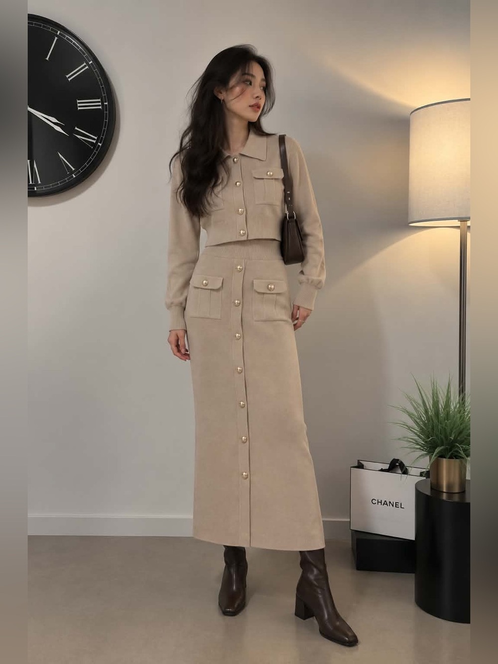 Commense Neutral Tan Knit Button-Down Cardigan & Midi Skirt Set